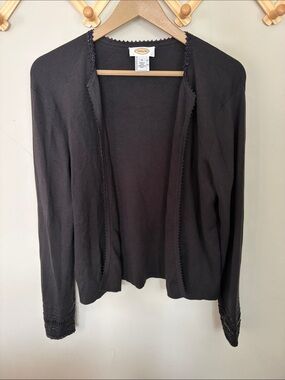 Talbots Black Open-Front Lightweight Cardigan with beaded Scalloped Trim